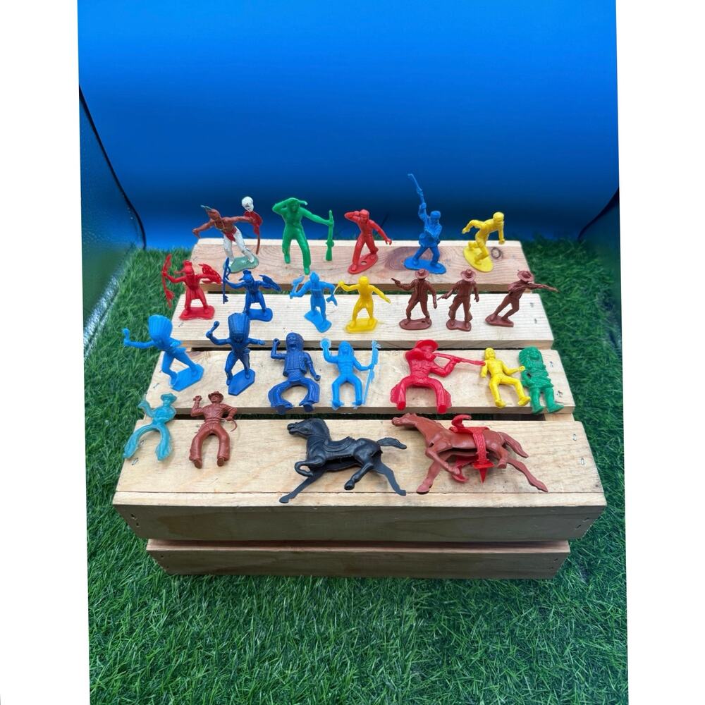 Vintage Plastic Cowboys and Native Americans Toy Figures Lot w/ Horses-25 Pieces